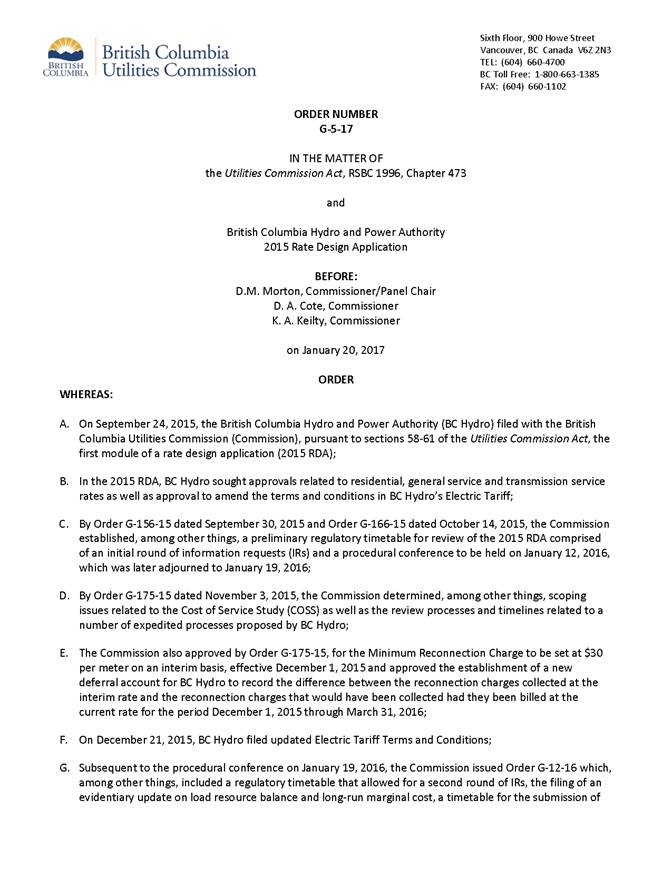 British Columbia Hydro And Power Authority 2015 Rate Design Application Decision British Columbia Utilities Commission