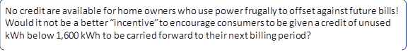 No credit are available for home owners who use power frugally to offset against future bills! Would it not be a better “incentive” to encourage consumers to be given a credit of unused kWh below 1,600 kWh to be carried forward to their next billing period?