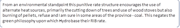 From an environmental standpoint this punitive rate structure encourages the use of alternate heat sources, primarily the cutting down of trees and use of wood stoves but also burning of pellets, refuse and I am sure in some areas of the province ? coal. This negates the green philosophy upon which Hydro base their RIB rate.