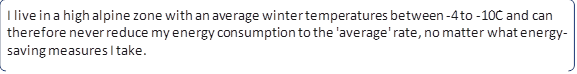 I live in a high alpine zone with an average winter temperatures between -4 to -10C and can therefore never reduce my energy consumption to the 'average' rate, no matter what energy-saving measures I take.