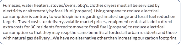Furnaces, water heaters, stoves/ovens, bbq's, clothes dryers must all be serviced by electricity or alternately by fossil fuel (propane). Using propane to reduce electrical consumption is contrary to world opinion regarding climate change and fossil fuel reduction targets. Travel costs for delivery, volatile market prices, equipment rentals all add to direct extra costs for BC residents forced to move to fossil fuel (propane) to reduce electrical consumption so that they may reap the same benefits afforded all urban residents and those with natural gas delivery…We have no alternative other than increasing our carbon footprint.