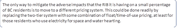 The only way to mitigate the adverse impacts that the RIB it is having on a small percentage of BC residents is to move to a different pricing system. This could be done readily by replacing the two-tier system with some combination of float/time-of-use pricing, at least for those residents who use electricity for space and water hearting.