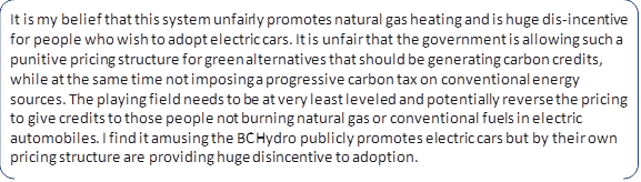 It is my belief that this system unfairly promotes natural gas heating and is huge dis-incentive for people who wish to adopt electric cars. It is unfair that the government is allowing such a punitive pricing structure for green alternatives that should be generating carbon credits, while at the same time not imposing a progressive carbon tax on conventional energy sources. The playing field needs to be at very least leveled and potentially reverse the pricing to give credits to those people not burning natural gas or conventional fuels in electric automobiles. I find it amusing the BC Hydro publicly promotes electric cars but by their own pricing structure are providing huge disincentive to adoption.