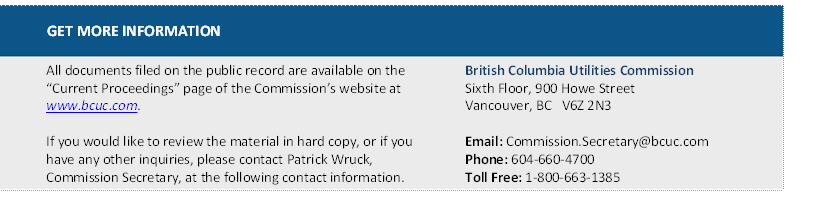 GET MORE INFORMATION
All documents filed on the public record are available on the “Current Proceedings” page of the Commission’s website at www.bcuc.com.

If you would like to review the material in hard copy, or if you have any other inquiries, please contact Patrick Wruck, Commission Secretary, at the following contact information.	British Columbia Utilities Commission 
Sixth Floor, 900 Howe Street 
Vancouver, BC   V6Z 2N3 

Email: Commission.Secretary@bcuc.com 
Phone: 604-660-4700 
Toll Free: 1-800-663-1385 

